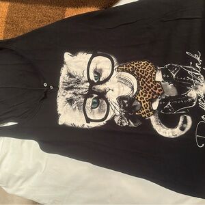 Black Graphic Cat Tunic with Leopard Print Accents